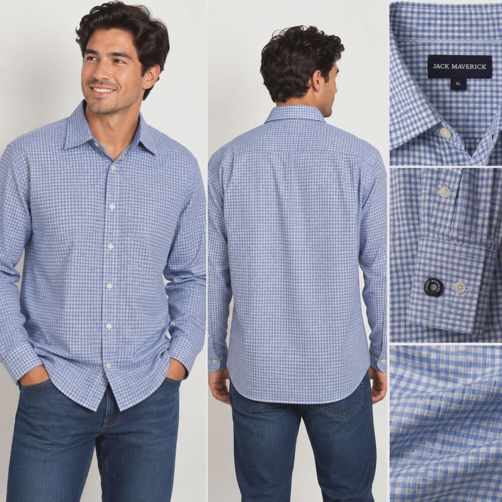 Jack Maverick Manhattan Poplin Shirt Mens XL Blue White Check Cotton NWT #24